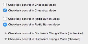 checkbox, radio, and disclosure button control examples