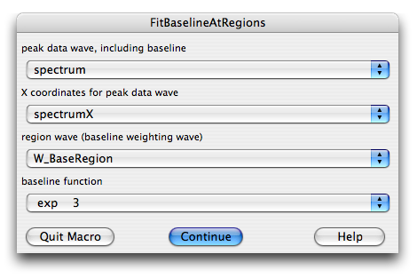 Fit Baseline At Regions dialog selecting an exponential fitting function
