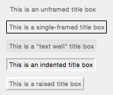 example title boxes, one plain and others with various styles of frame