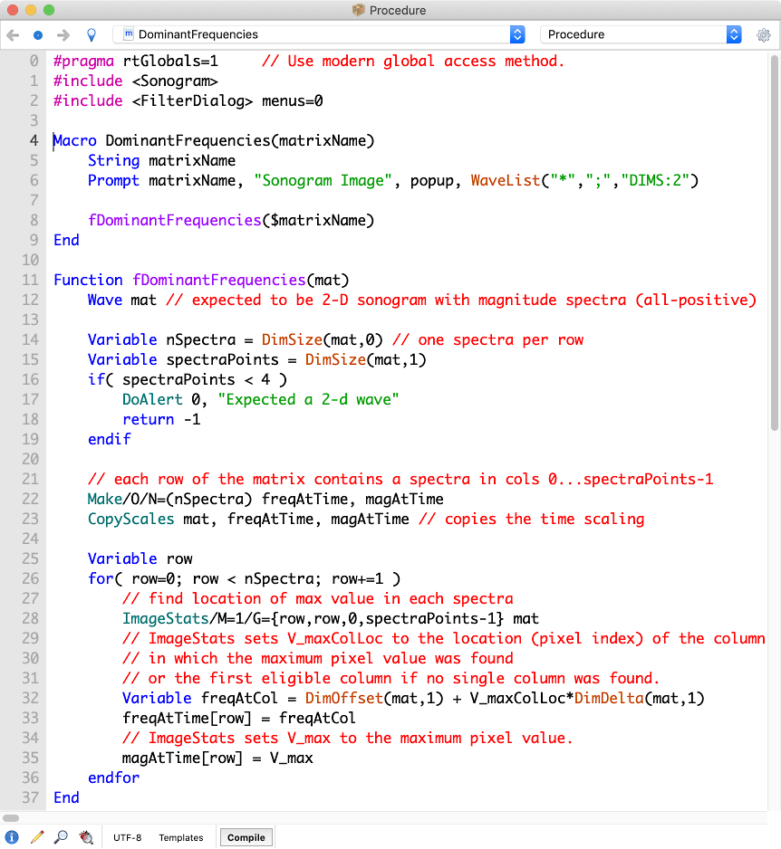 procedure window containing examples of Igor's programming language