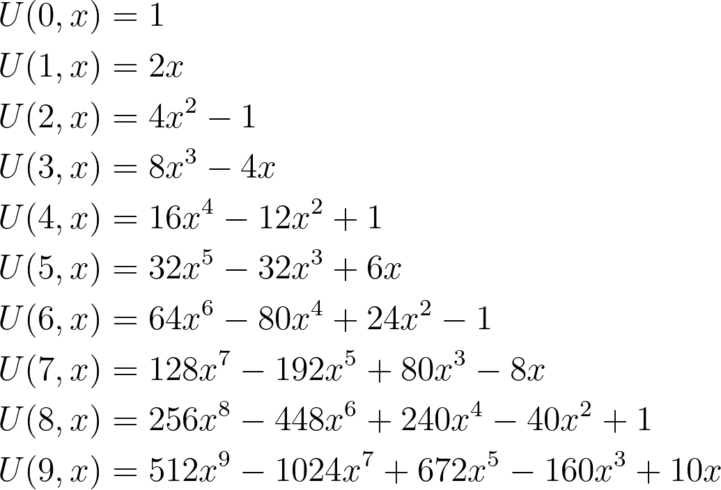 \begin{aligned} U(0,x) &= 1 \\ U(1,x) &= 2x \\ U(2,x) &= 4x^2 - 1 \\ U(3,x) &= 8x^3 - 4x \\ U(4,x) &= 16x^4 - 12x^2 + 1 \\ U(5,x) &= 32x^5 - 32x^3 + 6x \\ U(6,x) &= 64x^6 - 80x^4 + 24x^2 - 1 \\ U(7,x) &= 128x^7 - 192x^5 + 80x^3 - 8x \\ U(8,x) &= 256x^8 - 448x^6 + 240x^4 - 40x^2 + 1 \\ U(9,x) &= 512x^9 - 1024x^7 + 672x^5 - 160x^3 + 10x \end{aligned}