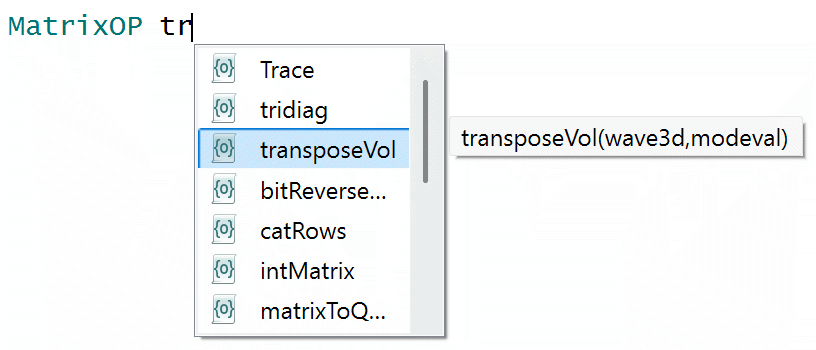 Code completion for the MatrixOp operation keywords