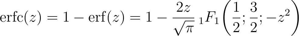 \operatorname{erfc}(z) = 1 - \operatorname{erf}(z) = 1 - \frac{2z}{\sqrt{\pi}} \, {_1F_1}\!\left(\frac{1}{2}; \frac{3}{2}; -z^2\right)