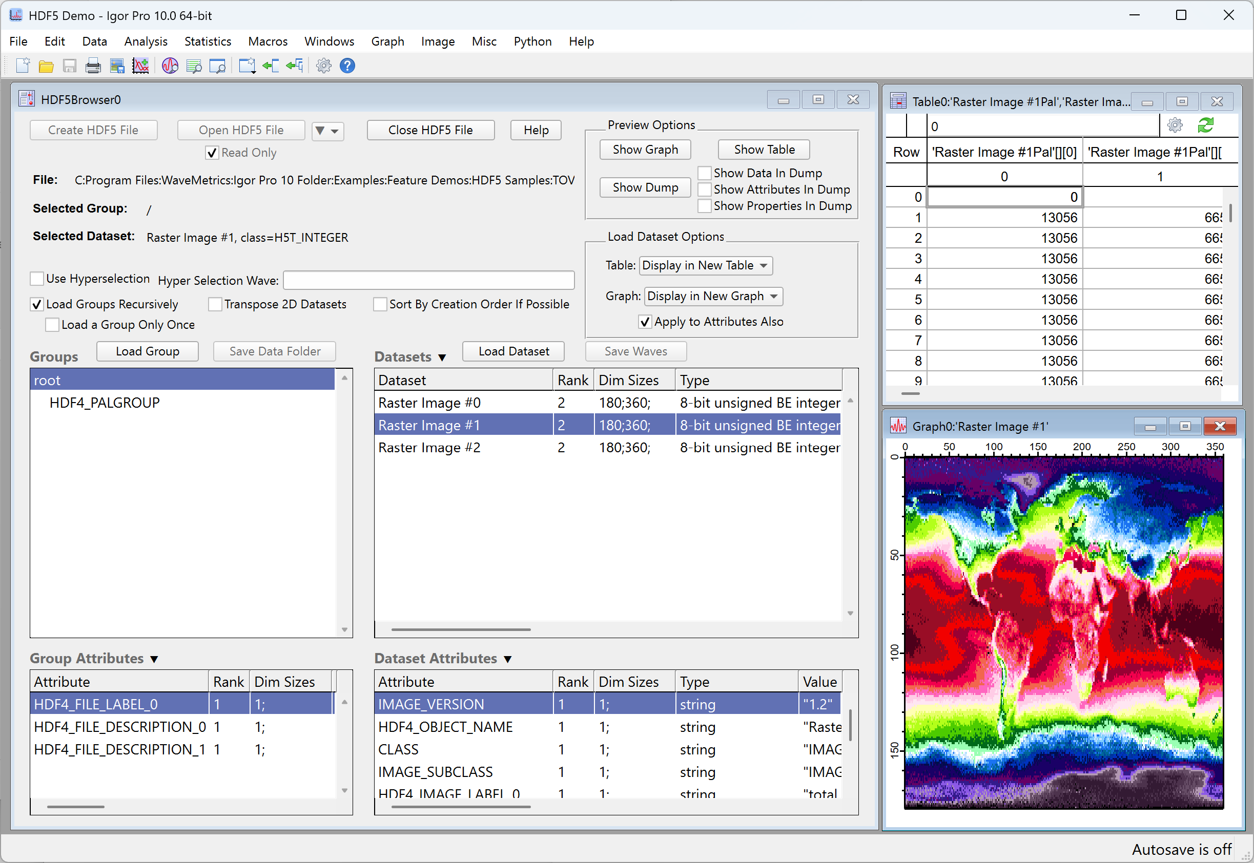 HDF5 Browser window showing loaded HDF5 image data as table and image plot