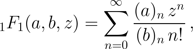 {_1F_1}(a,b,z) = \sum_{n=0}^{\infty} \frac{(a)_n\, z^n}{(b)_n\, n!} \,,