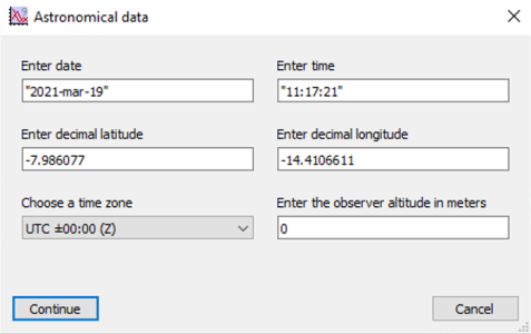 Input of position and date/time parameters