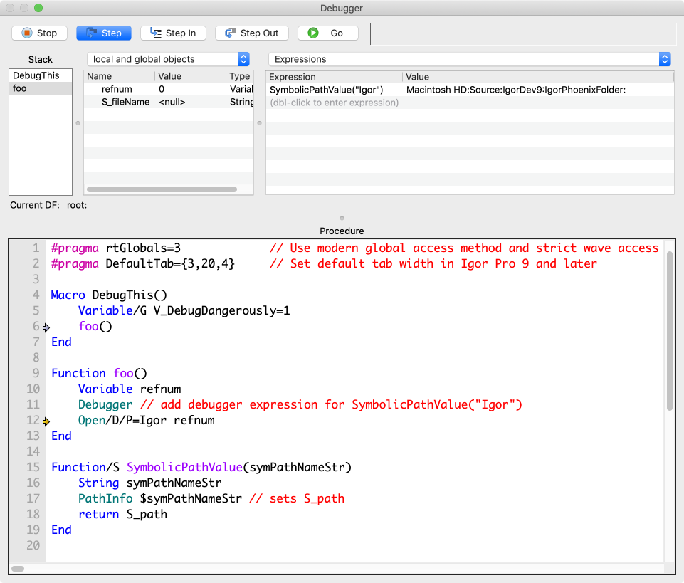 Symbolic path in Debugger | Igor Pro by WaveMetrics