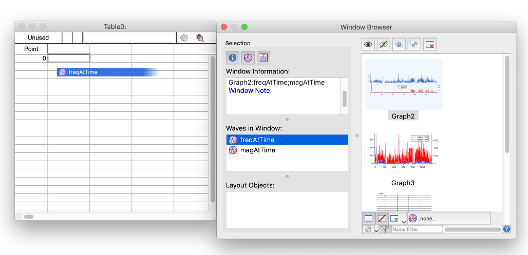 Dragging a wave from Waves in Window list to a table