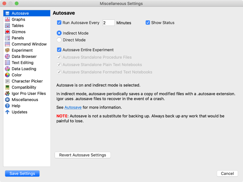 Autosave settings dialog