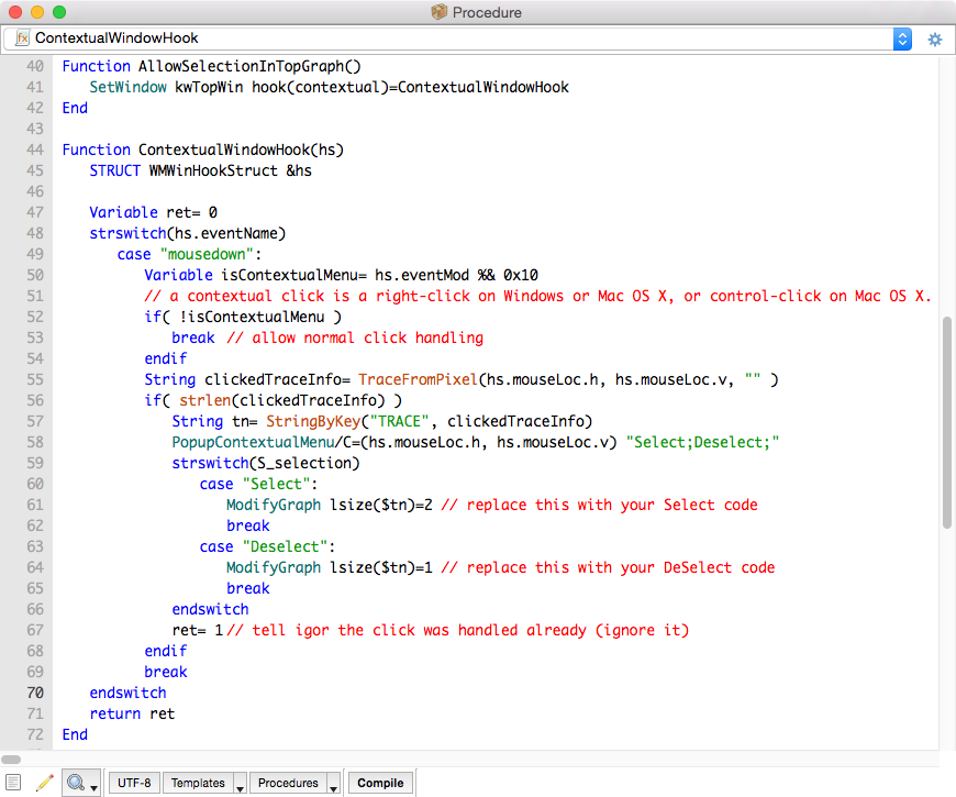 Page of code showing the AllowSelectionInTopGraph and ContextualWindowHook functions