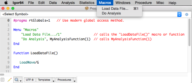 Macros menu with Load Data File... and Do Analysis menu items