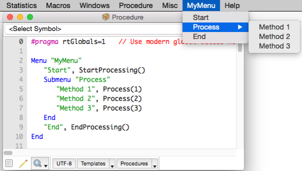 Custom top-level MyMenu menu with a Process submenu containing three menu items