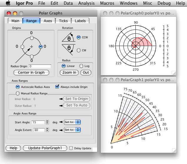 custom interface with buttons, tabs, and other controls to produce polar graphs