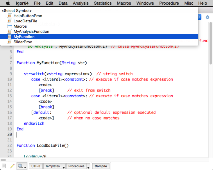 Procedures menu showing list of user functions and menu definitions