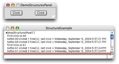 panel with two buttons labeled "Click" and the print output displayed when they are clicked