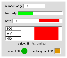 some of the many forms a ValDisplay control can take: just a numeric readout, a horizontal bar, a colored square or circular "LED" or some combination