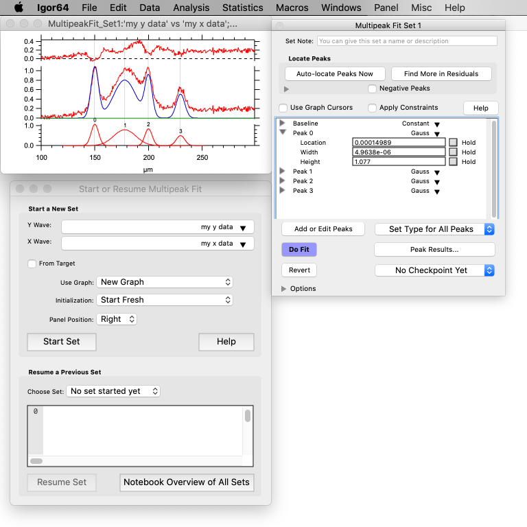 peak fitting interface created by the Multipeak Fitting Package